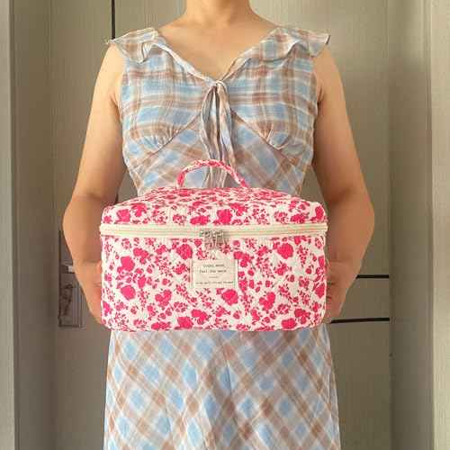 Rose Red Large Quilted Floral Makeup Bag Cute Soft Coquette Aesthetic Cosmetic Bag Cotton Travel Toiletry Bag for Women