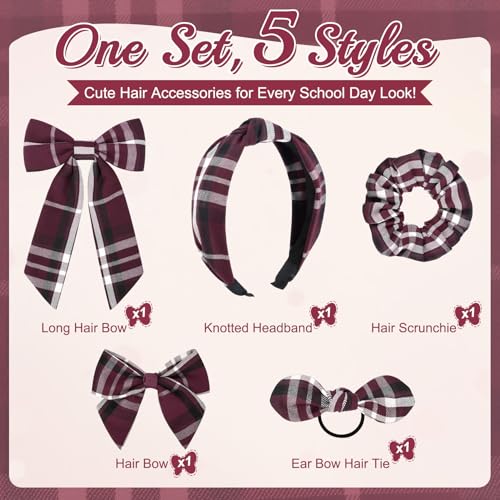 DEEKA 5 Styles Uniform Plaid Long Tail Hair Bows Knotted Headband Scrunchies Bow Set Alligator Clips Back to School Accessories for Toddler Little School Girls (Burgundy 5 Styles)
