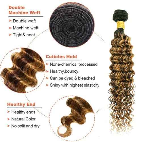 Ombre Brown Bundles Human Hair Highlight Deep Wave Bundles 20 22 24 inch P4/27 Human Hair Bundle 3 Tone Deep Wave Bundle