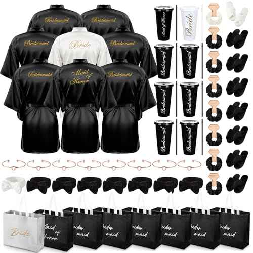 56 Pcs Bridesmaid Bride Robes Set of 8 Bridal Party Silk Satin Robes for Wedding Bachelorette Party Gifts(White,Black)