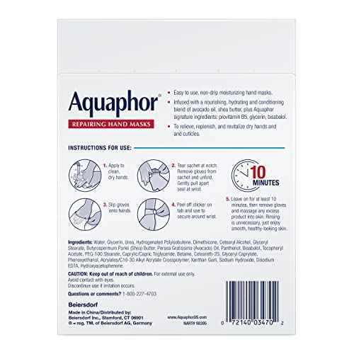 Aquaphor Repairing Hand Masks, Moisturizing Gloves for Dry Hands, Moisturizer for Dry Skin with Avocado Oil and Shea Butter, Pack of 6