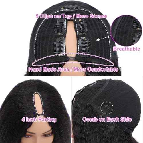 V Part Wig Human Hair Kinky Straight 20 Inch Vpart Human Hair Wig Upgrade U Part Wig Yaki Straight Clip in Half Wigs for Black Women Glueless No Leave Out 180% Density Natural Color