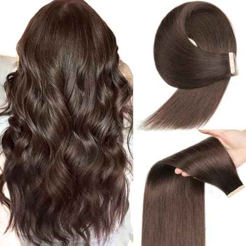 YDDM 20 Inch Tape in Hair Extensions Human Hair, Dark Brown 20pcs 100% Remy Human Hair Straight Seamless Invisible Tape in Hair Extensions(2#, 20 Inch)