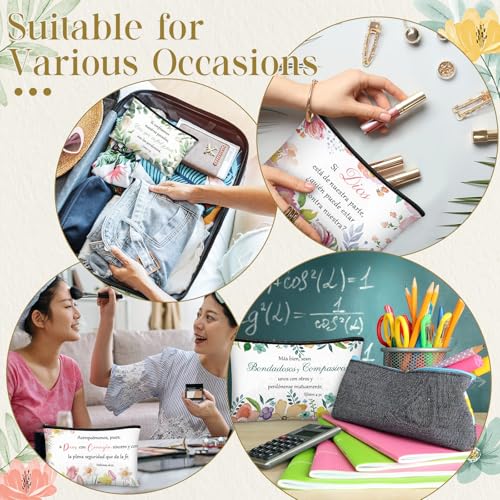Kacctyen 12 Pcs Christian Mother's Day Gifts Makeup Bag Spanish Verses Inspirational Gift for Women Bible Verse Cosmetic Bag in Spanish Zipper Pouch for Mom Church Religious Prayer(Flower Style)