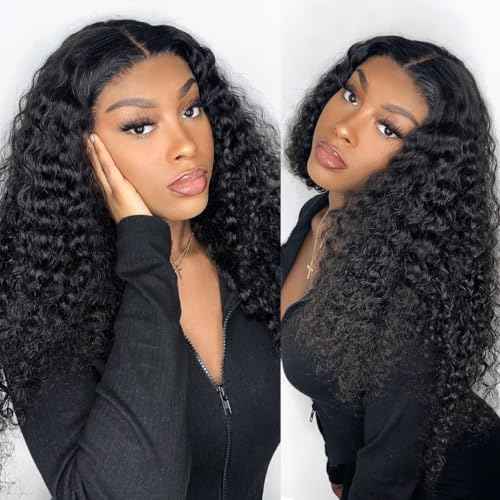 13x4 Deep Curly Glueless Wigs Human Hair Deep Wave Lace Frontal Wet and Wavy Wig 20 Inches 180 Density Water Wave Lace Front Wigs Human Hair Pre Plucked with Baby Hair Natural Black 1B