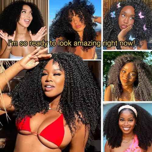 warbler 22 Inch Half Wig Human Hair 200% Density 3 In 1 Seamless Flip Over headband wig human hair Glueless Wear and Go Beginner Friendly Kinky curly human hair wig Drawstring Headband Wig for Women