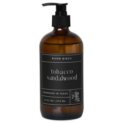 River Birch Tobacco Sandalwood Scented Natural Hand Soap - Handmade Soap - Moisturizing Hand Wash with Amber Glass Dispenser - Luxury Scented Hydrating Hand Soap - Vegan and Non-Toxic - 16 Fl Oz