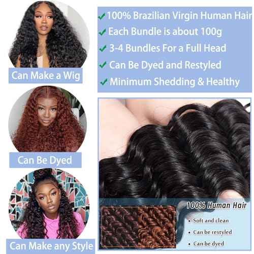 Deep Wave Bundles Human Hair 16 18 20 22 Inch Human Hair Bundles For Women 100% Unprocessed Deep Culy 12A Quick Weave 4 Bundles Deals Natural Color 400G (Deep Wave Bundles, 16182022 Inch)