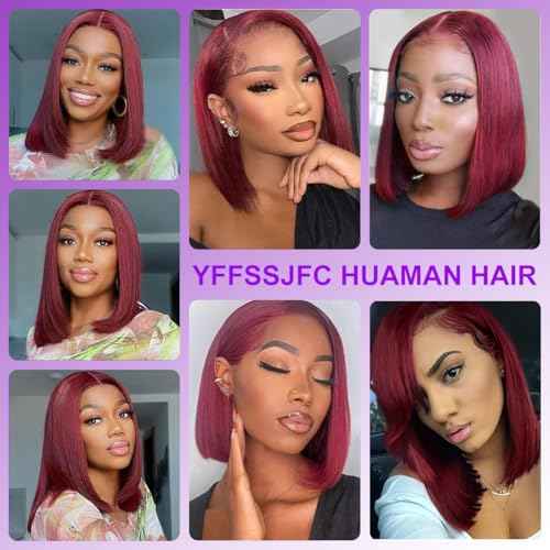 99j Burgundy Bob Wig Human Hair Wigs 13x4 Lace Front Wigs For Black Women Straight Burgundy Human Hair Pre Plucked 180% Density Transpaent Hd Lace Frontal Wigs Human Hair 99j Short Bob 10 Inch