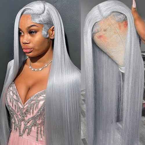 Grey Lace Front Wigs Human Hair Pre Plucked Straight 13x6 Hd Lace Front Wig Human Hair Pre Plucked with Baby Hair 180% Density Silver Gray Colored Glueless Wigs for Black Women 22 inch