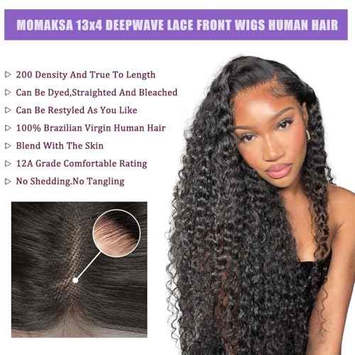 13x4 Deep Wave Lace Front Wigs Human Hair Wig for Women 200 Density HD Transparent Lace Frontal Wigs Human Hair 26 Inch Deep Wave Frontal Wig Glueless Deep Wave Wig Pre Plucked Curly Wigs for Women