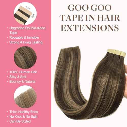GOO GOO Tape in Hair Extensions Human Hair, 4/27/4 Balayage Chocolate Brown to Caramel Blonde, 20inch 100g 40pcs, Skin Weft Seamless Invisible, Silky Straight with Thick Ends, Remy Human Hair