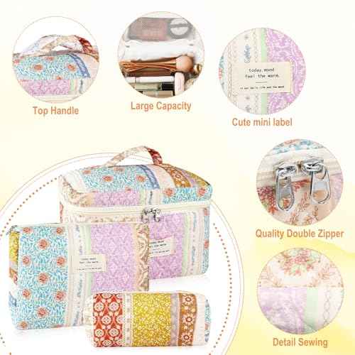 3Pc Cotton Quilted Makeup Bags for Women Large Small Coquette Floral Travel Cosmetic Bag Set Aesthetic Cute Flower Makeup Pouch Portable Toiletry Bag Puffy Essential Storage Organizer Bag