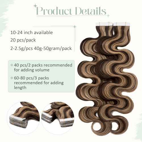 Rich Choices Tape in Hair Extensions Human Hair 40pcs 100g Balayage Golden Brown Highlighted Bleach Blonde 100% Remy Hair Extensions Real Human Hair Seamless Curly Wavy Tape in Hair of 24 inch #12P613