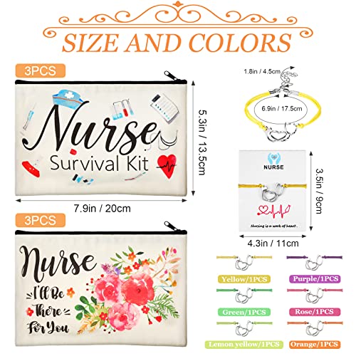 12 Pcs Nurse Appreciation Gift Kit Include 6 Pcs Nurse Canvas Makeup Bag Nurse Canvas Cosmetic Pouch and 6 Pcs Nurse Blessing Card Bracelet Nurse Charms Bracelet for Nurse Student (7.9 x 5.3 Inch)