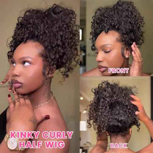 WOWANGEL Kinky Curly Half Wig Human Hair 3-in-1 Glueless Headband Wig with Drawstring, 200 Density Seamless Clip-Ins & Flip Over Design for Black Women,Natural Black(1B#),18 inch