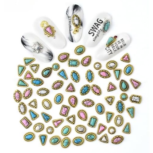 60 Piece Set of Turquoise Gemstone Pendants - 3D Nail Accessories with Hollowed Out Design, Vintage Pendants Suitable for DIY and Western Nail Art, Blue