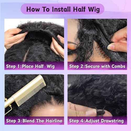 Half Wig Human Hair Deep Wave 3 In 1 Drawstring Seamless Filp Over Curly Half Wig 200% Density Wear and Go Glueless Half Wigs for Black Women Natural Color 12 Inch