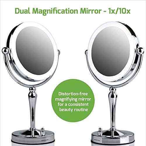 Ovente Lighted Makeup Mirror Tabletop 7.5'' 360 Degree Double Sided Spinning 1X 10X Round Magnifier, LED with Dimmer Switch, Acrylic Edge, Battery & USB Adapter Operated, Polished Chrome MKT75CH1X10X