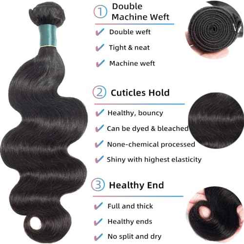 Human Hair Bundles 12 14 16 Inch Body Wave Bundles Human Hair 12A 100% Unprocessed Brazilian Virgin Hair Weave 3 Bundles Natural Black (12 14 16, Body 3Bundles)