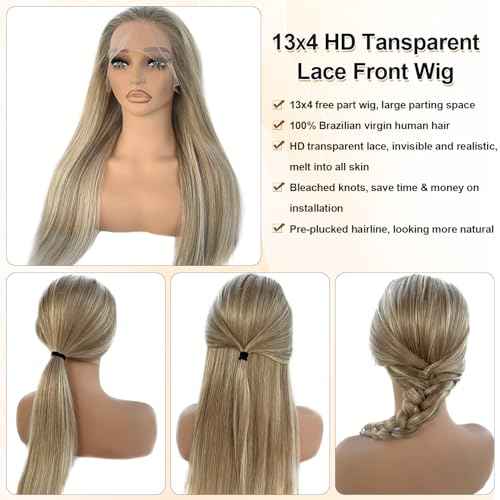 Highlight 13x4 HD Lace Front Wig Human Hair 22 Inch Balayage Ash Brown to Beige Blonde to Platinum Blonde Human Hair Lace Frontal Wig for White Women Glueless Wigs 180% Density Colored Remy Hair Wigs