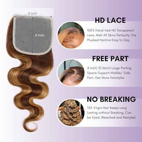 Honey Blonde Highlight Body Wave Closure Human Hair 12 inch, Ombre 4x4 Transparent Lace Closure Frontal Pre Plucked with Baby Hair Brazilian 12A Unprocessed Virgin Remy 4/27 Wavy Closure Sew In