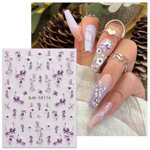 JMEOWIO 3D Embossed Flower Nail Art Stickers Decals Self-Adhesive 5D Spring Summer Floral Nail Supplies Nail Art Design Decoration Accessories 4 Sheets