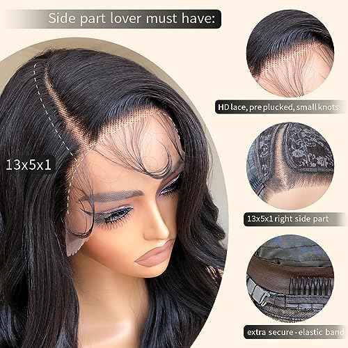 Bombshell Body Wave Wig, Synthetic Lace Front Wig Pre Plucked Glueless Ready to Wear, 13X5X1 Side Part HD Lace Wigs for Women 24inch, 1B Jet Black Wig Human Hair Luster