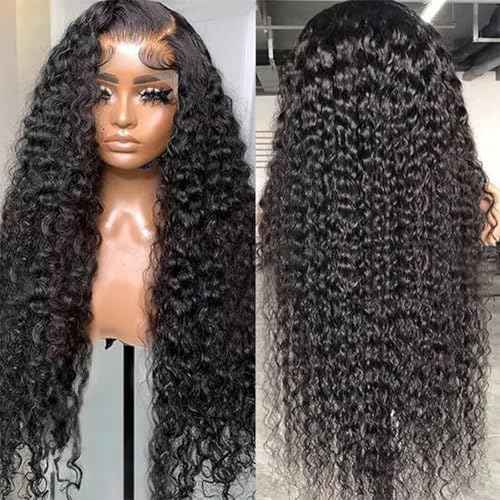 13x6 Deep Wave Lace Front Wigs Human Hair HD Full Lace Frontal Wigs Pre Plucked Bleached Knots 180% Density Deep Curly Human Hair Wig Natural Color 22 Inch