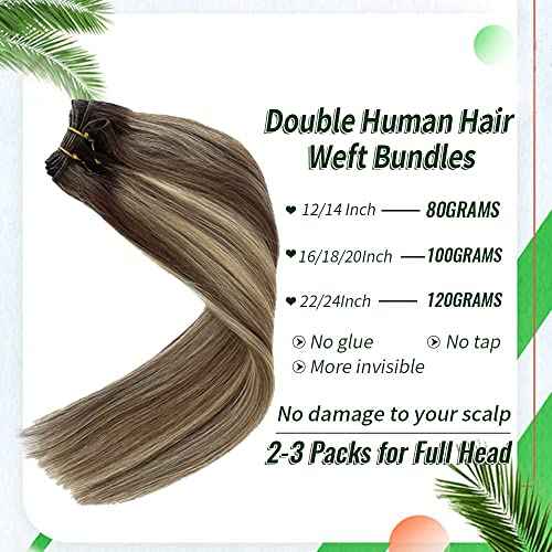 Weft Hair Extensions Human Hair, 16 inch 100g Ash Brown Highlighted Bleach Blonde Sew in Hair Extensions Real Human Hair Hand Tied Weft Hair Extensions Sew In Remy Hair Bundles Weave
