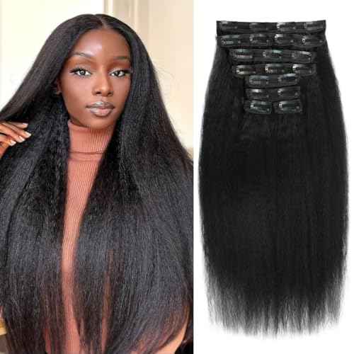 Kinky Straight Clip ins 18 Inch Clip in Hair Extensions Real Human Hair Yaki Straight Clip ins for Black Women Full Head Brazilian Remy Hair Extensions Double Weft 8Pcs 100g 20 Clips