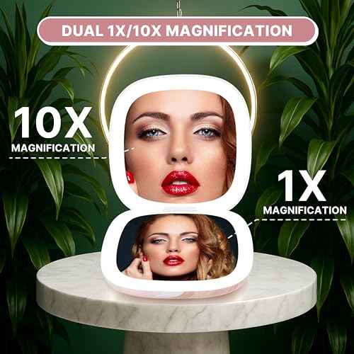 Lighted Makeup Compact Mirror, 3.9 Inch ? 1x/10x Magnification Portable, LED ? Auto Light On/Off - USB Charging, (Blush Marble)