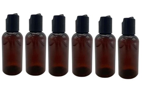 Natural Farms 6 Pack - 2 oz – Empty Squeeze Plastic Bottle - Amber Boston with Black Flip Top Disc cap - for Essential Oils, Perfumes, Cleaning Products