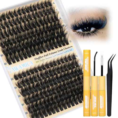 Yawamica Lash Clusters Kit Fluffy Eyelash Clusters 15-25mm Lash Extension Kit 150D+200D Volume Individual Lashes D Curly Cluster Lashes DIY Eyelash Extension Kit with Waterproof Bond and Seal