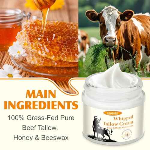 Grass-Fed Tallow & Raw Honey Balm | Whipped Skin Cream for Face & Body | Soothes & Repairs Dry, Sensitive Skin | Organic, All-Natural Deep Hydration (2.1 oz)