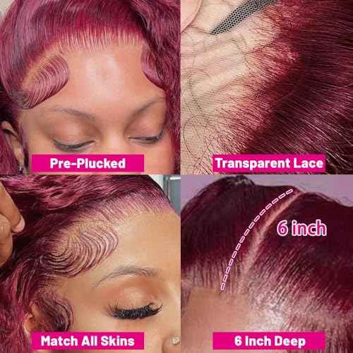 99j Burgundy Lace Front Wigs Human Hair 13x6 Deep Wave Lace Front Wigs Human Pre Plucked 180 Density HD Transparent Red Colored Wigs for Women with Baby Hair 20 Inch