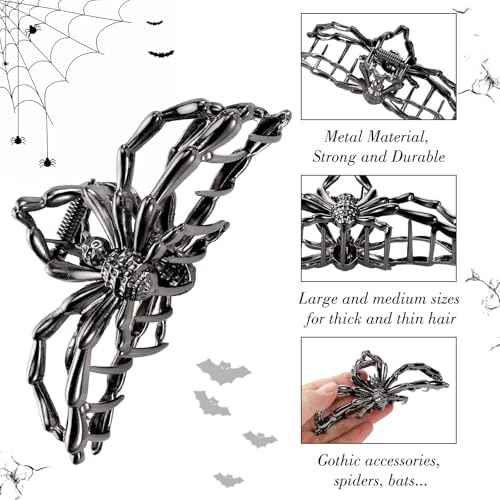 Obeoby 4 Pcs Metal Hair Clips for Women, Large Hair Claw Clips for Thick Long Hair Styling with Spider Webs Skeleton Decor, Goth Accessories Stocking Stuffers Halloween Christmas Gifts (Black)