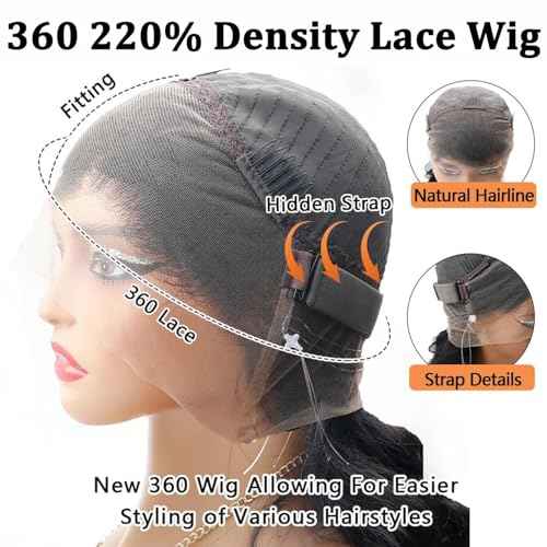 360 Lace Front Wigs Human Hair 220% Density Hidden Straps Body Wave HD Lace Front Wigs with Drawstring 360 Full Lace Wigs Brazilian Virgin Human Hair Wig for Women Natural Black 16Inch