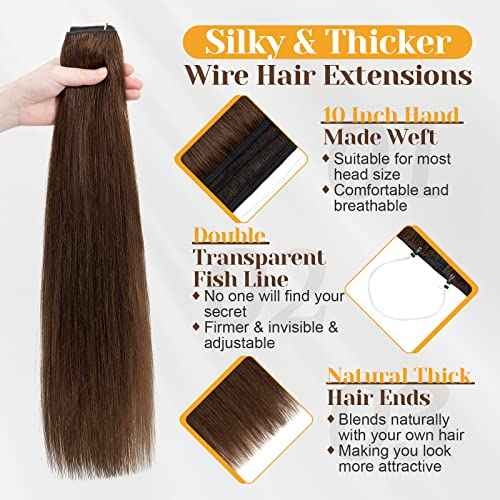 Benehair Human Hair Extensions Thick Ends Invisible Wire Real Human Hair with 2 Fish Lines Thicker Hairpieces 18inch 100g Medium Brown Hair Extensions Straight Thicker Hairpieces for Women #4