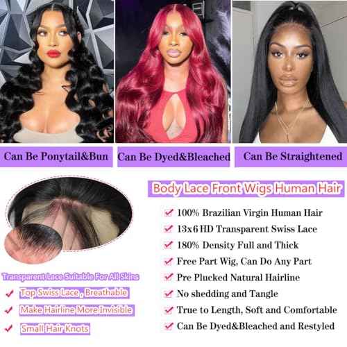 JTMMP 28 Inch 13x6 Body Wave Lace Front Wigs Human Hair Pre Plucked 200% Density HD Transparent Frontal Wigs Human Hair Lace Front Wigs for Women Black Color