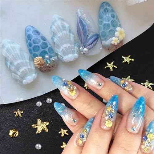 100Pcs Starfish Nail Charms and Gems Summer Ocean Style Nail Art Charms Alloy Seashell Nail Rhinestones Flat Back Pearl Nail Art Rhinestones for Women Beach Vacation Nail Designs Supplies
