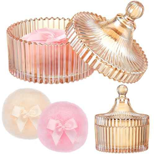 Tioncy 3 Pcs Large Body Powder Puff and Container Valentine's Day gift Powder Container with Puff Crystal Case Soft Washable Reusable Velour Face Body Glitter Wet Dry Makeup(Classic,Amber)