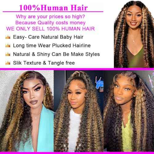 FB/27 Balayage Highlight Lace Front Wig Human Hair,13x6 lace front wigs human hair Pre Plucked 180% Density Deep Wave Wig Ombre Glusless Wigs for Women