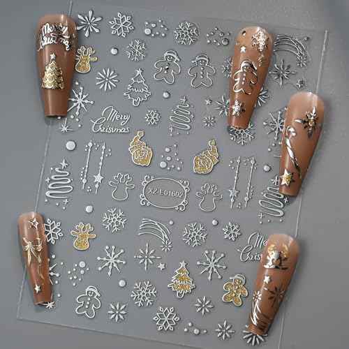 12 Sheet Christmas Nail Art Stickers Silvery Nail Stickers Snowflake Xmas Tree Nail Decals Star Elk with Golden 5D Embossed Nail Art Supplies for Winter Holiday Manicure Decorations