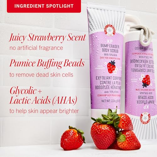 First Aid Beauty - KP Bump Eraser Body Scrub with 10% AHA, Keratosis Pilaris Exfoliator with Glycolic and Lactic acids, Helps Reduce Chicken Skin Bumps, Safe for Sensitive Skin, Strawberry Scent, 8 oz