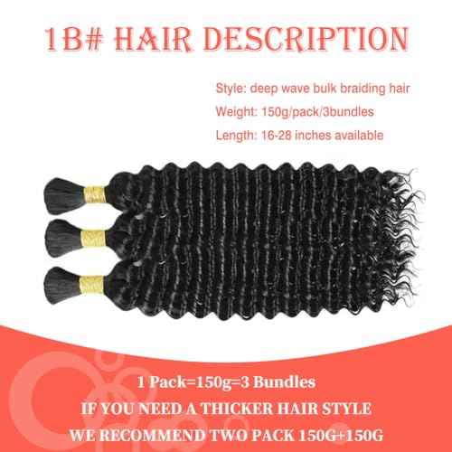 26 Inch 150g Human Braiding Hair for Boho Braids Deep Wave Bulk 100% Unprocessed Brazilian Virgin Human Hair for Braiding Bohemian No Weft 3 Bundles Natural Color