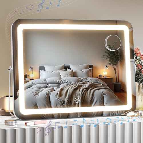 MINISO Vanity Mirror with Lights and Bluetooth Speaker, 17.7" x 13.8" LED Makeup Mirror, Light & Brightness Smart Sensor, Aluminum Alloy Metal White Frame, with 10X Magnifying Glass
