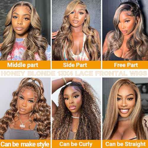 Honey Blonde Lace Front Wigs Human Hair Pre Plucked with Natural Hairline 13x4 Glueless Wigs Human Hair 180 Density 4/27 Highlight Body Wave Lace Frontal Wigs 32Inch