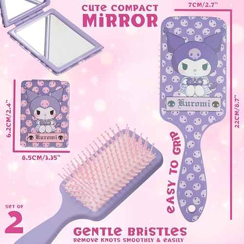 Hello Kitty Hair Brush and Compact Mirror Set for Girls, Teens, Women, Detangler Brush, Kawaii Cute Stuff, Makeup Gifts for Her (Kuromi Brush & Mirror)