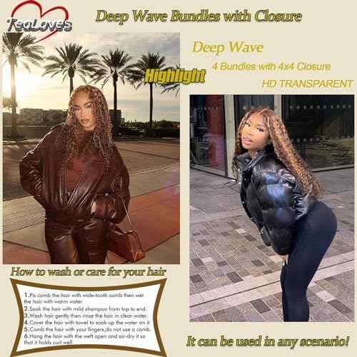 Highlight Bundles Human Hair with Closure 4/27 Ombre Brown 10a Deep Wave 12 Inch 4x4 Lace Closure with 4Bundles 12" 14" 16" 18"